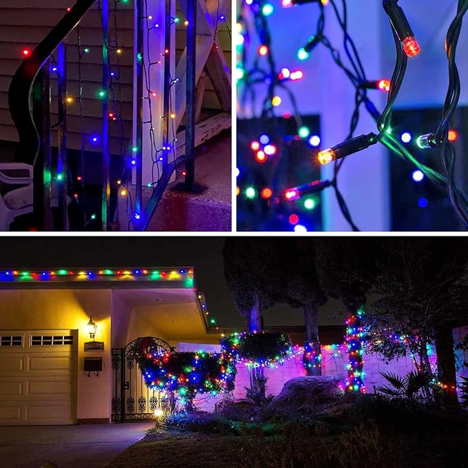 QITONG 2 Pack Multicolor Solar Christmas Lights, Each 33ft 100 LED String Lights Outdoor Waterproof, 8 Modes Green Wire Colored Solar Light for Outside Christmas Decorations
