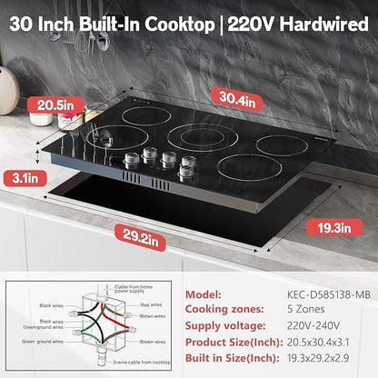 30 Inch Electric Cooktop Karienvir, 5 Burner Cooktop 8500W Built-in Electric Stove Top, Anti-slip Knob & Touch Control, Dual-Ring Burner, 30" Safety Lock, Timer, 220V Hardwired