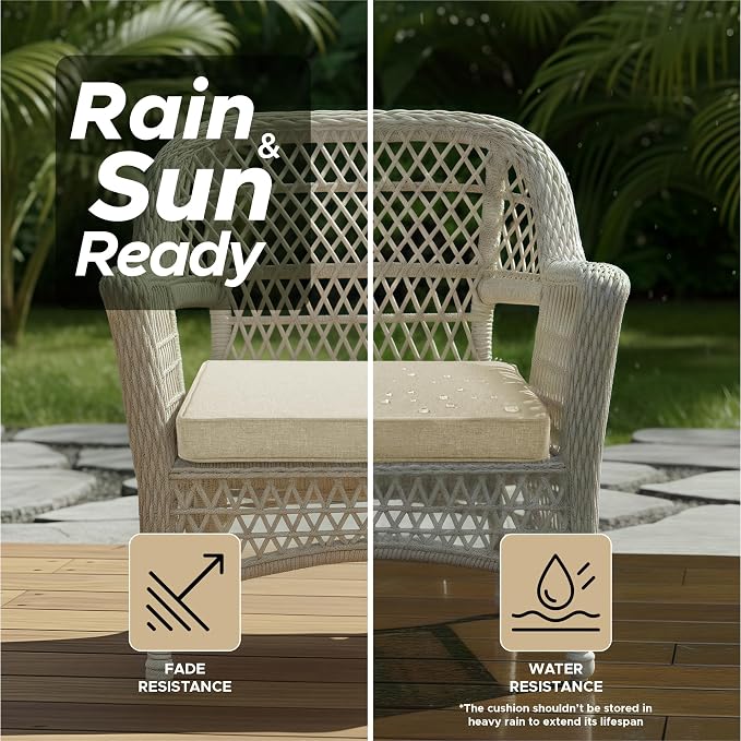 Outdoor Chair Cushions, Set of 2, 24 x 24 Inch, Beige | Water Resistant, Fade Resistant, Patio Furniture Square Seat Replacement, Removable Cover with Ties, Non-Slip Bottom