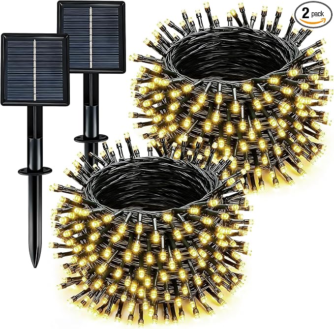 Solar String Lights Outdoor Waterproof 2 Pack Total 66ft 200LED Warm White | 8 Modes Twinkle Lights Solar Fairy Lights for Patio, Garden Yard Party Wedding Tree Christmas Halloween Decoration