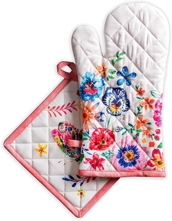 Maison d' Hermine 100% Cotton Oven Mitt & Pot Holder Set (7.5"x13" & 8"x8") Heat Resistant BBQ Cooking Gloves with Loop Baking Kitchen Hotel Home Farmhouse Spring Summer (Happy Florals - High Summer)