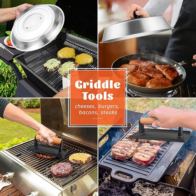 12In Cheese Melting Dome & 8x4In Cast Iron Grill Press, HaSteeL Stainless Steel Basting Cover with Heavy Duty Burger Bacon Press, Griddle Accessories for Teppanyaki Flat Top Stovetop Indoor & Outdoor
