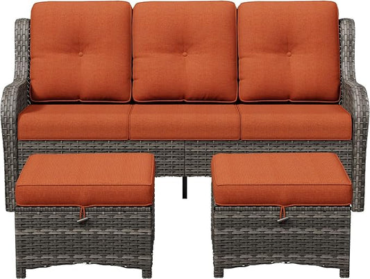 3-Piece Outdoor Couch Set, Include Wicker Patio Sofa with Thickened Olefin Cushions, High Back and Deep Seating, Hand-Woven PE Rattan and 2 Ottomans, Patio Conversation Set for Porch, Deck