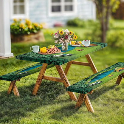 Picnic Table Cover with Bench Covers Elastic Edges, Green Forest Camping Scene Table Cover, Waterproof Windproof Fitted, for Outdoor Camping Patio Garden RV Trips, Drawstring Bag, 60 Inch 3PCS
