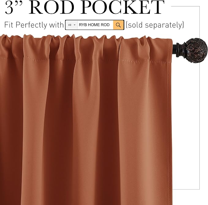 RYB HOME Orange Window Curtains 108 inches Length, Energy Efficient Rod Pocket Drapes Privacy Covers for Sliding Door Home Office, W52 x L108 inch, 2 Panels, Burnt Orange