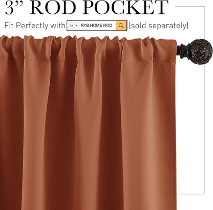 RYB HOME Orange Window Curtains 108 inches Length, Energy Efficient Rod Pocket Drapes Privacy Covers for Sliding Door Home Office, W52 x L108 inch, 2 Panels, Burnt Orange