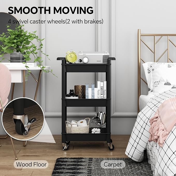 Steehoom 3-Tier Utility Rolling Cart with Cover Top Board, Mobile Utility Cart with Lockable Casters Multi-Functional Storage Trolley for Office, Bathroom, Kitchen, Garden, Laundry Room (Black)