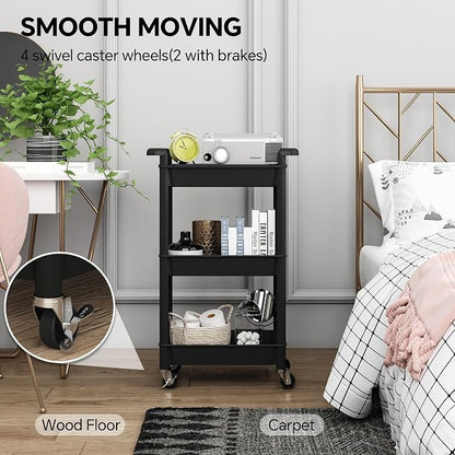 Steehoom 3-Tier Utility Rolling Cart with Cover Top Board, Mobile Utility Cart with Lockable Casters Multi-Functional Storage Trolley for Office, Bathroom, Kitchen, Garden, Laundry Room (Black)