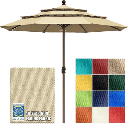 EliteShade USA 10-Year-Non-Fading 10ft 3-Tier Market Patio Umbrella, Commercial Grade Outdoor Table Umbrella with Crank Open, Windproof & UPF 50+ UV Protection, Heavy Duty Ventilation for Garden, Deck, Pool, Backyard, Beach & Bistro, No Tilt, Sand