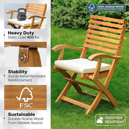 IDZO Patio Chairs Set of 2, Upgraded Wood Folding Armchairs with Comfortable Cushions, FSC-Certified Acacia, 450lbs Capacity, Fully Assembled, Foldable, Space-Saving Design, Ideal for Outdoor Use