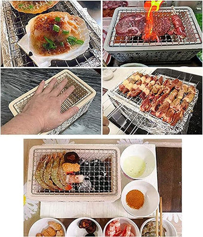 Japanese Ceramic Clay Charcoal Grill, Mini Tabletop BBQ Charcoal Stove with Wire Mesh Grill and Wooden Base for Indoor Outdoor
