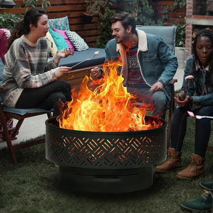 OutVue 32" Wood Burning Fire Pits with Grill & Lid, Fire Pit Table for Outside with Waterproof Cover & Fire Poker, Outdoor Firepit with Functions for BBQ,Table and Bonfire