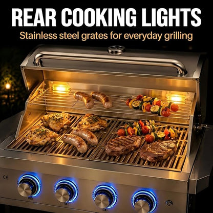 4 Burner Built in Gas Barbecue Grills & Tri-Fuel, 28in Drop-in Propane & Natural Gas Grill Combo with Rear Burner, 48,400 BTUs Stainless Steel Charcoal BBQ Grill for Outdoor Kitchen Island Patio