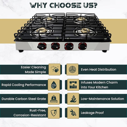 4 Burner Gas Stove Top, 25" Black Tempered Glass Countertop Stove | Stainless Steel 4 Burner Cooktop Burners RV Stove for Cooking Range Gas with Hose & Regulator to Connect Propane Cooktop