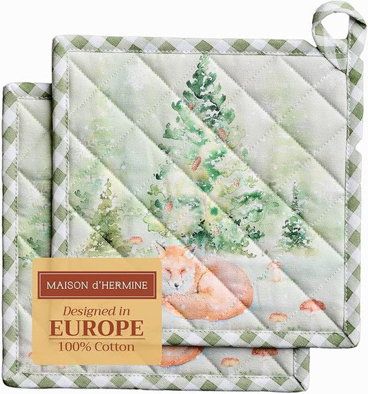 Maison d' Hermine Pot Holders Set 100% Cotton Heat Resistant Potholders 8" x 8" Hot Pads with Loop for Thanksgiving Christmas Decorations BBQ Baking Handling Hot Pans (Pack of 2, Winter Mornings)