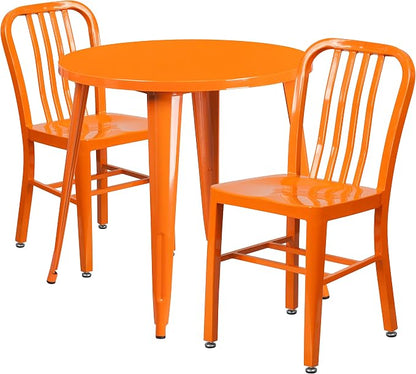 Flash Furniture Craig Commercial Grade 30" Round Orange Metal Indoor-Outdoor Table Set with 2 Vertical Slat Back Chairs | Commercial Grade, Indoor/Outdoor Use, Vertical Slat Back