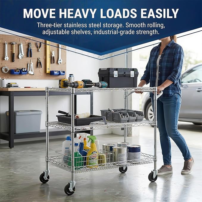 Finnhomy 3 Tier Heavy Duty Commercial Grade Utility Cart, Wire Rolling Cart with Handle Bar, Steel Service Cart with Wheels, Kitchen Carts on Wheels, Metal Cart Shelf Size 24" D x 36" W, NSF, Chrome