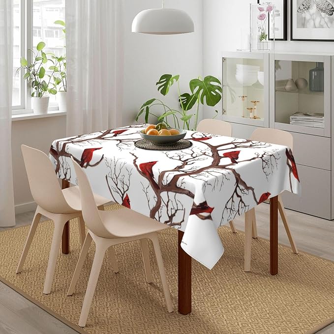 Winter Cardinal Birds Tablecloth for Dining 54"x72" Washable Waterproof Christmas Table Cloth for Parties Picnic Bbqs Kitchen Dining Room Christmas Holiday Home Decor, Rectangle Table Covers