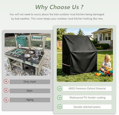 Kids Outdoor Mud Kitchen Cover,Heavy Duty Waterproof & Anti-UV Dustproof Outdoor Wooden Play Kitchen Covers,31.6" W x 15.8" D x 35.4" H,Cover Only