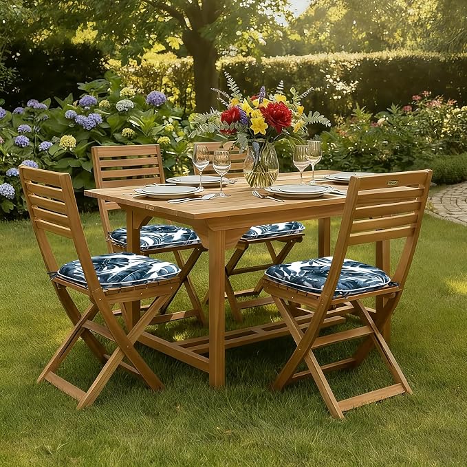 DYTXIII Set of 4 Outdoor Chair Cushions with Ties,Water Repellent Patio Chair Pads 17"x 16" for Outdoor Furniture,Round Corner Seat Cushions for Garden Yard Kitchen Palm Blue