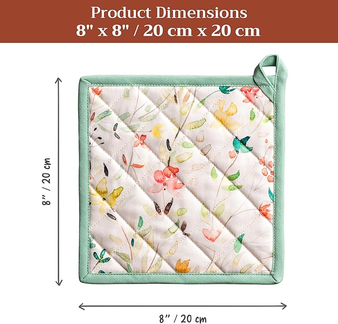 Maison d' Hermine Pot Holders 100% Cotton Heat Resistant Potholders 8" x 8" Hot Pads with Loop BBQ Cooking Baking Hotel Farmhouse Kitchen Handling Hot Pans Spring Summer (Pack of 2, Colmar)