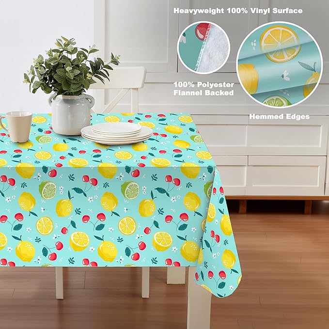 Wild Lemons and Cherries Vinyl Tablecloth – 52 x 70 Inch Rectangle Waterproof Table Cover with Flannel Backing, Wipeable Indoor/Outdoor Summer Fruit Print for Picnics, BBQs, and Holiday Dining
