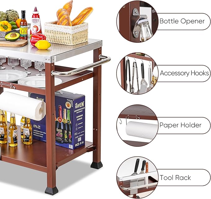 Feasto 3-Shelf Pizza Oven Table with 33.5" x 21.7" Stainless Tabletop, Outdoor Grill Cart with Tank Hook for Pizza Ovens & Griddles, Heavy-Duty Prep Station for Patio BBQ and Deck Parties, Coffee