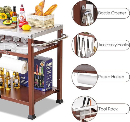 Feasto 3-Shelf Pizza Oven Table with 33.5" x 21.7" Stainless Tabletop, Outdoor Grill Cart with Tank Hook for Pizza Ovens & Griddles, Heavy-Duty Prep Station for Patio BBQ and Deck Parties, Coffee