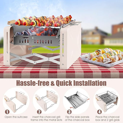 HAPPYGRILL Portable Folding Charcoal Grill, Outdoor Mini BBQ Grill with 2 Stainless Steel Grill Nets, Charcoal Box & Insulated Rubber Wood Handle, Tabletop Charcoal Grill for Camping, Travel & Picnic