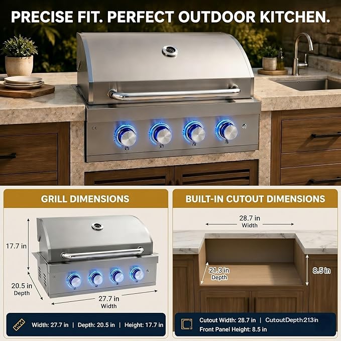 4 Burner Built in Gas Barbecue Grills & Tri-Fuel, 28in Drop-in Propane & Natural Gas Grill Combo with Rear Burner, 48,400 BTUs Stainless Steel Charcoal BBQ Grill for Outdoor Kitchen Island Patio