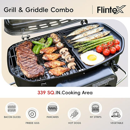 Flintex 2-Burner Portable Propane Gas Grill, Foldable 2-in-1 Camping Propane Grill with Porcelain-Enameled Griddle & Grill Grate for Outdoor Camping Picnics Backyard Cooking, Black