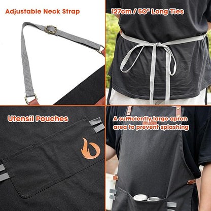 onlyfire Cooking Chef Apron with Pockets, 1472°F Heat Resistant Grill Gloves and Cleaning Cloth for Cooking, Grilling, Barbecue, Smoker, Baking, Frying, Kitchen Tools BBQ Accessories