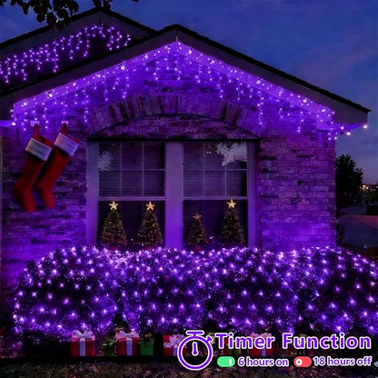 QITONG Purple Net Lights Outdoor Mesh Lights, 360 LED 12ft x 5ft Christmas Net Light with 8 Modes, Clear Wire Bush Light Plug in