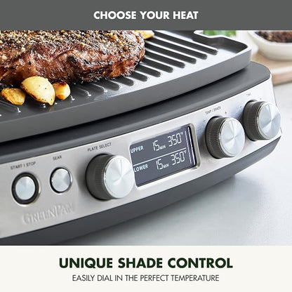 GreenPan Elite 6-in-1 Multi-Function Contact Grill & Griddle, Healthy Ceramic Nonstick Reversible Plates, Adjustable Shade & Shear, Closed Press/Open Flat Surface, PFAS-Free, Graphite