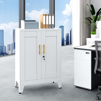 GAIOUS White Metal Pantry Cabinet with Lock(Two Units), Sideboard Buffet Storage Cabient with Doors and 2 Adjustable Shelves, Multifunctional Kitchen Cupboard for Home Office, Buffet Table