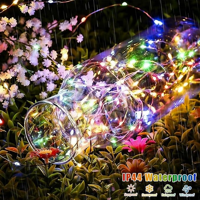 QITONG Multicolor Solar Fairy Lights, 2 Pack Each 66ft 200 LED String Lights Outdoor, Silver Wire Solar Christmas Lights with 8 Modes