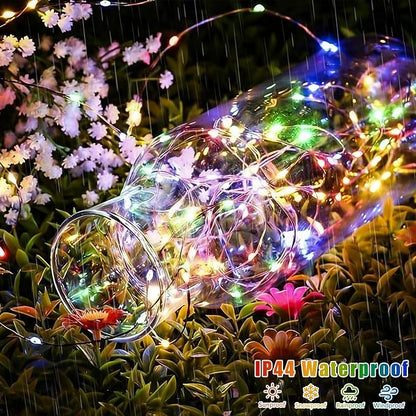 QITONG Multicolor Solar Fairy Lights, 2 Pack Each 66ft 200 LED String Lights Outdoor, Silver Wire Solar Christmas Lights with 8 Modes