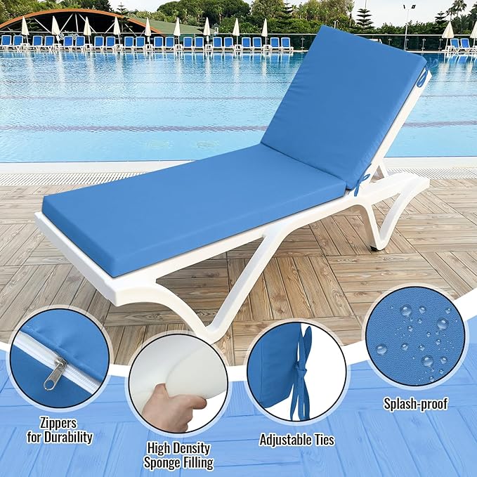 Patelai 2 Set Outdoor Chaise Lounge Cushions with Chair Covers, 70 x 21 x 3 Inch Waterproof Sun and Fade Resistant Thick Replacement Lounge Chair Cushions with Pockets for Patio Poolside (Blue)