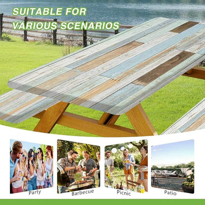JAWO Rustic Wooden Picnic Table Cover with Bench Covers, Modern Camping RV Essentials Gear Supplies Outdoor Waterproof Windproof Tablecloth with Elastic, 30X72in