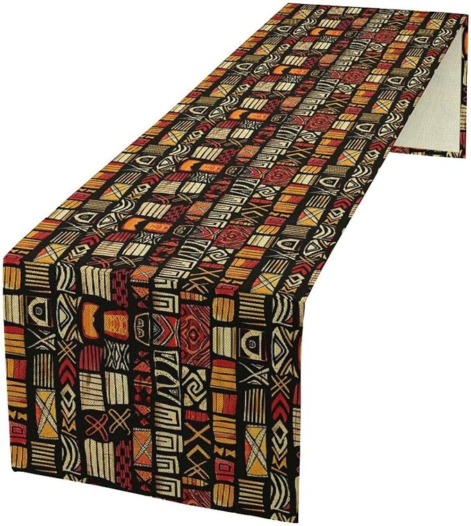 Egypt Table Runner Abstract African Art Tribal Geometric Pattern Style Background Cairo Culture, Dining Room Kitchen Rectangular Runner, 13" X 120"