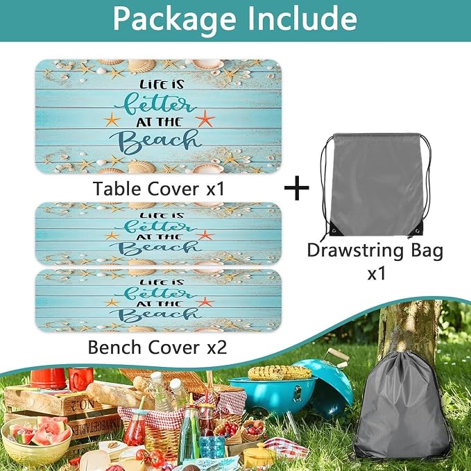 JAWO Park Picnic Table Cover with Bench Covers Lightweight Camping Essentials, Oil-Proof Waterproof 3PCS Tablecloth with Elastic, Fitted for Table Rectangle and Seats, Board Beach 30X60inch