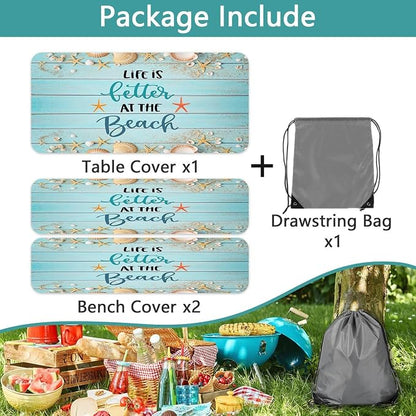JAWO Park Picnic Table Cover with Bench Covers Lightweight Camping Essentials, Oil-Proof Waterproof 3PCS Tablecloth with Elastic, Fitted for Table Rectangle and Seats, Board Beach 30X60inch