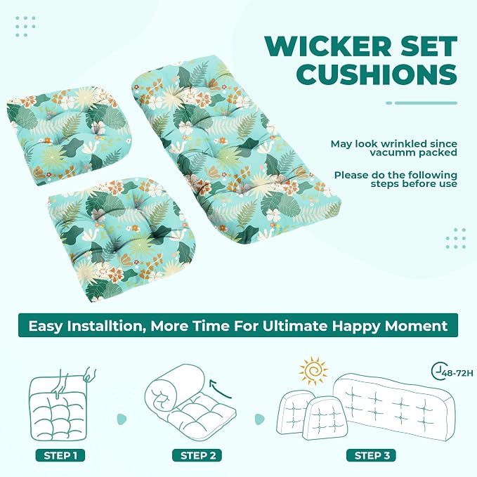 DANGHOOGY Wicker Chair Cushions, Waterproof Outdoor Loveseat Cushions for Patio Furniture, Tufted Wicker Furniture Cushions, 1 Loveseat and 2 U-Shaped Cushions (Cyan Flower)