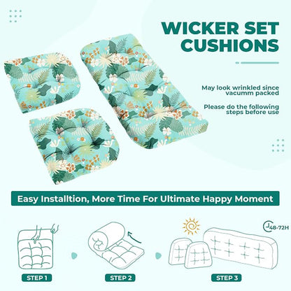 DANGHOOGY Wicker Chair Cushions, Waterproof Outdoor Loveseat Cushions for Patio Furniture, Tufted Wicker Furniture Cushions, 1 Loveseat and 2 U-Shaped Cushions (Cyan Flower)