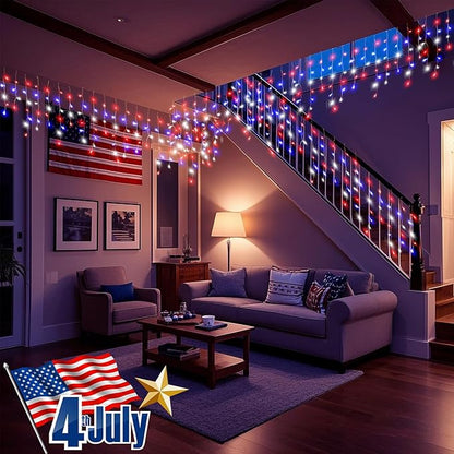 Red White and Blue Icicle Lights for Outside, 4th of July Decorations Independence Day Patriotic Lights, 66ft 640 LED with 120 Drops Clear Wire Connectable for Memorial Day Party Holiday
