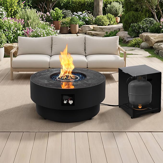 32" Outdoor Propane Fire Pit Table, 50,000 BTU Gas Fire Table with Tank Cover, Marble-Look Ceramic Top, Steel Lid, & Rain Cover, Round Patio Firepit for Backyard, Garden, Party