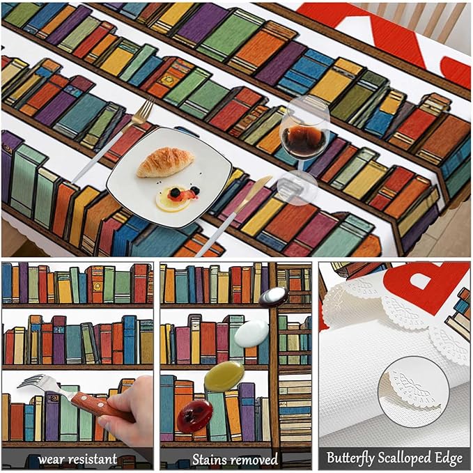 Swono 52x70 Inch Bookshelf Tablecloth Library Bookshelves Books and Ladder Farmhouse Dining Table Cloth Anti-Stain Talking Table Cover for Kitchen Dinning Room Coffee Store