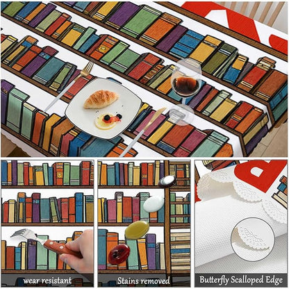 Swono 52x70 Inch Bookshelf Tablecloth Library Bookshelves Books and Ladder Farmhouse Dining Table Cloth Anti-Stain Talking Table Cover for Kitchen Dinning Room Coffee Store