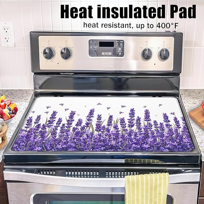 Purple Lavender Glass Top Stove Cover Protector,Spring Flower Stove Top Covers for Electric Stove,Washable Heat Resistant Cooktop Mat Anti-Slip Range Covers, 28 x 20 Inch