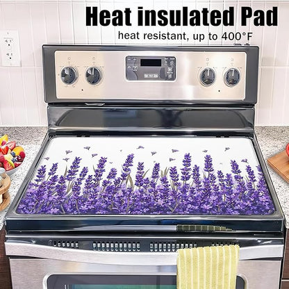 Purple Lavender Glass Top Stove Cover Protector,Spring Flower Stove Top Covers for Electric Stove,Washable Heat Resistant Cooktop Mat Anti-Slip Range Covers, 28 x 20 Inch